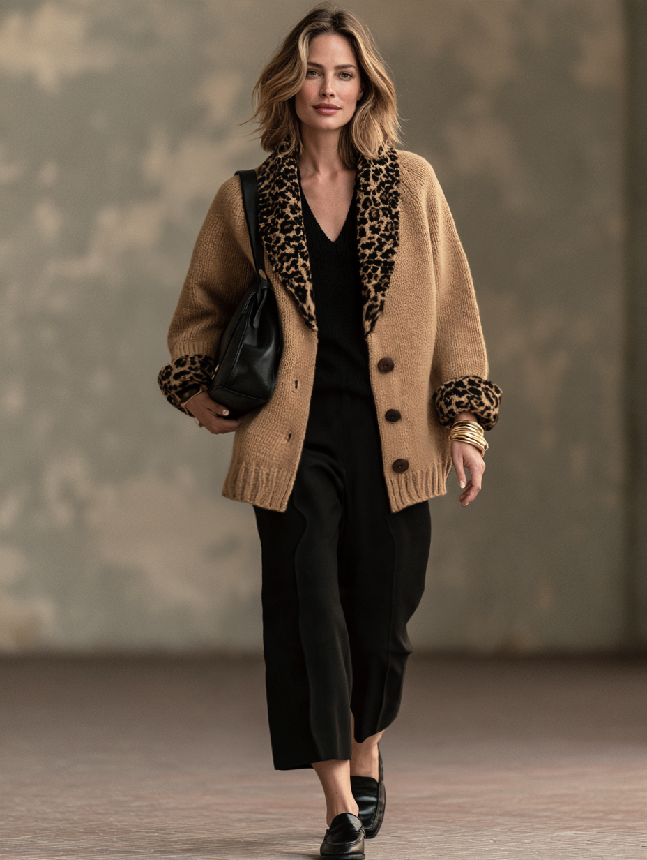 Chaqueta de punto caqui de leopardo con solapa