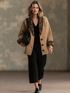 Chaqueta de punto caqui de leopardo con solapa