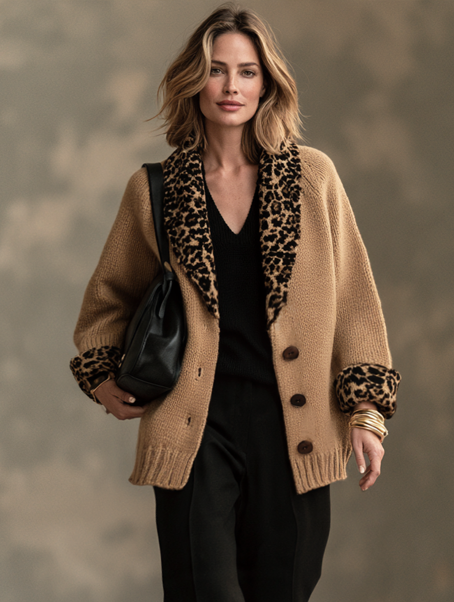 Chaqueta de punto caqui de leopardo con solapa