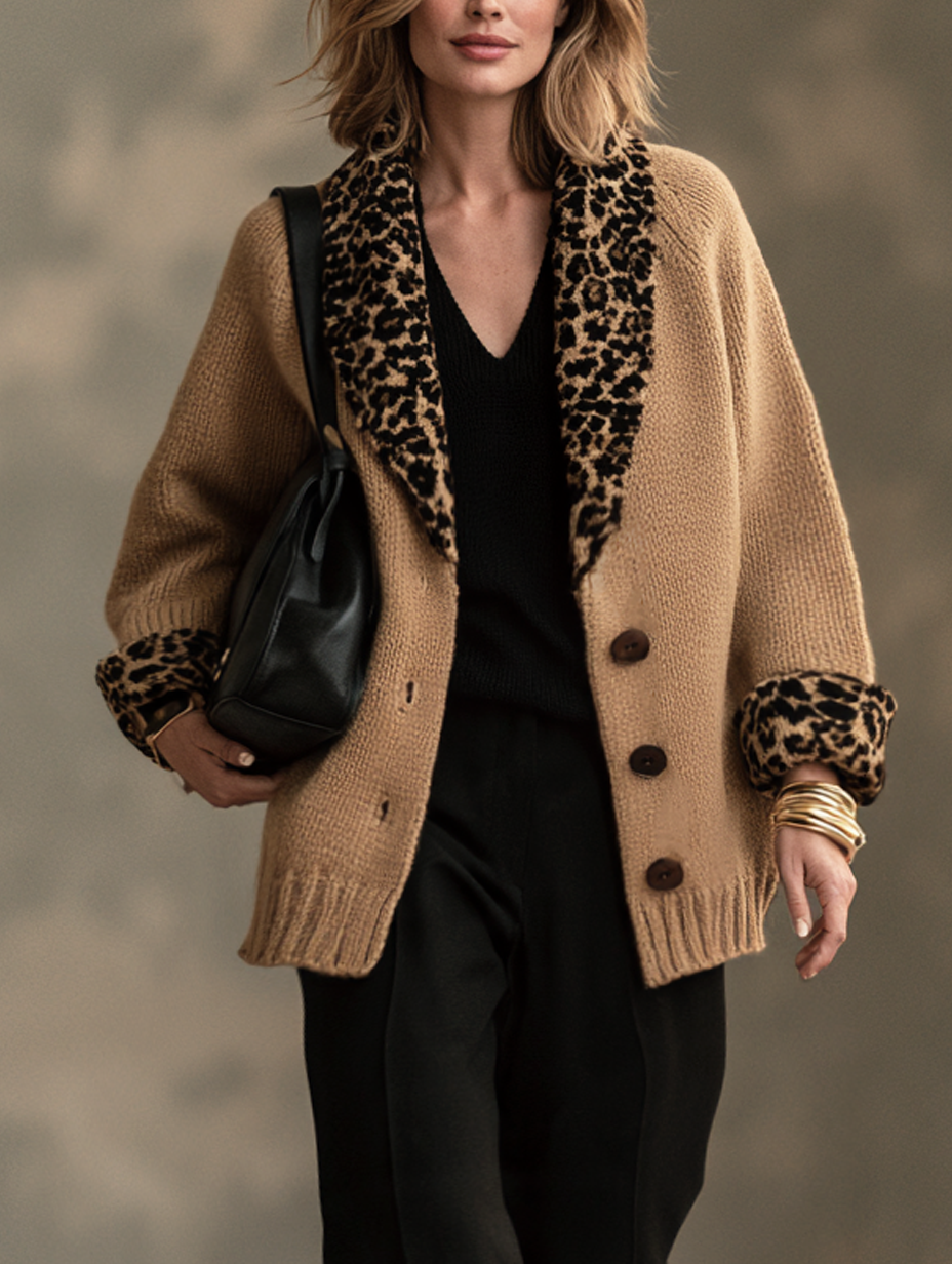 Chaqueta de punto caqui de leopardo con solapa