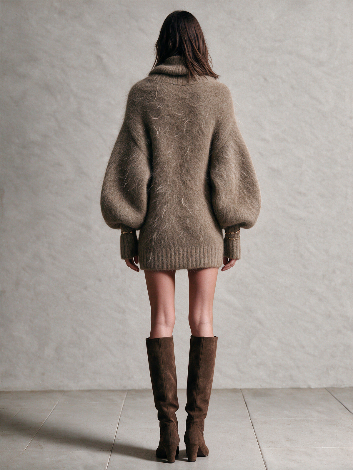 Vestido jersey corto de mohair topo con cuello vuelto y mangas globo