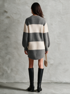 Vestido jersey corto de rayas anchas gris y crema con mangas globo