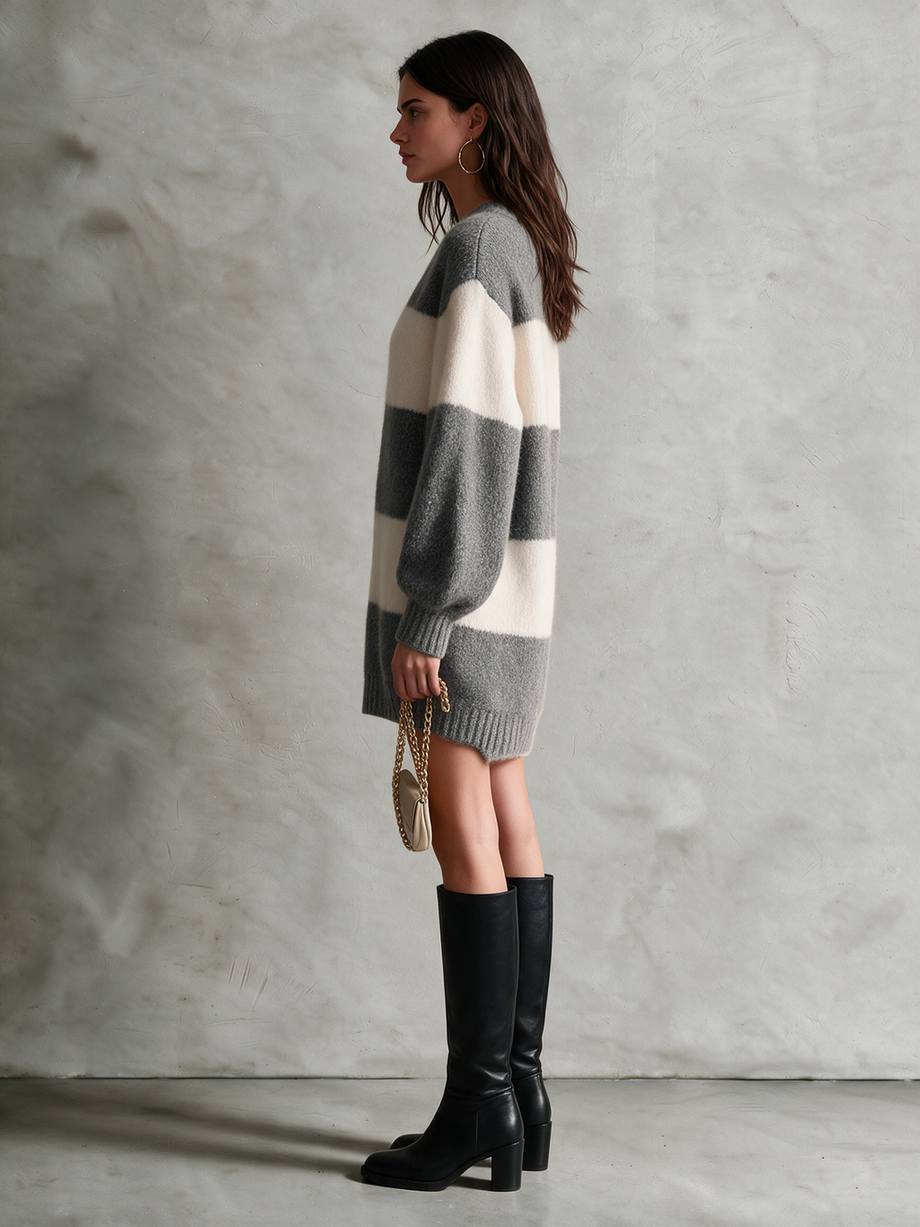 Vestido jersey corto de rayas anchas gris y crema con mangas globo