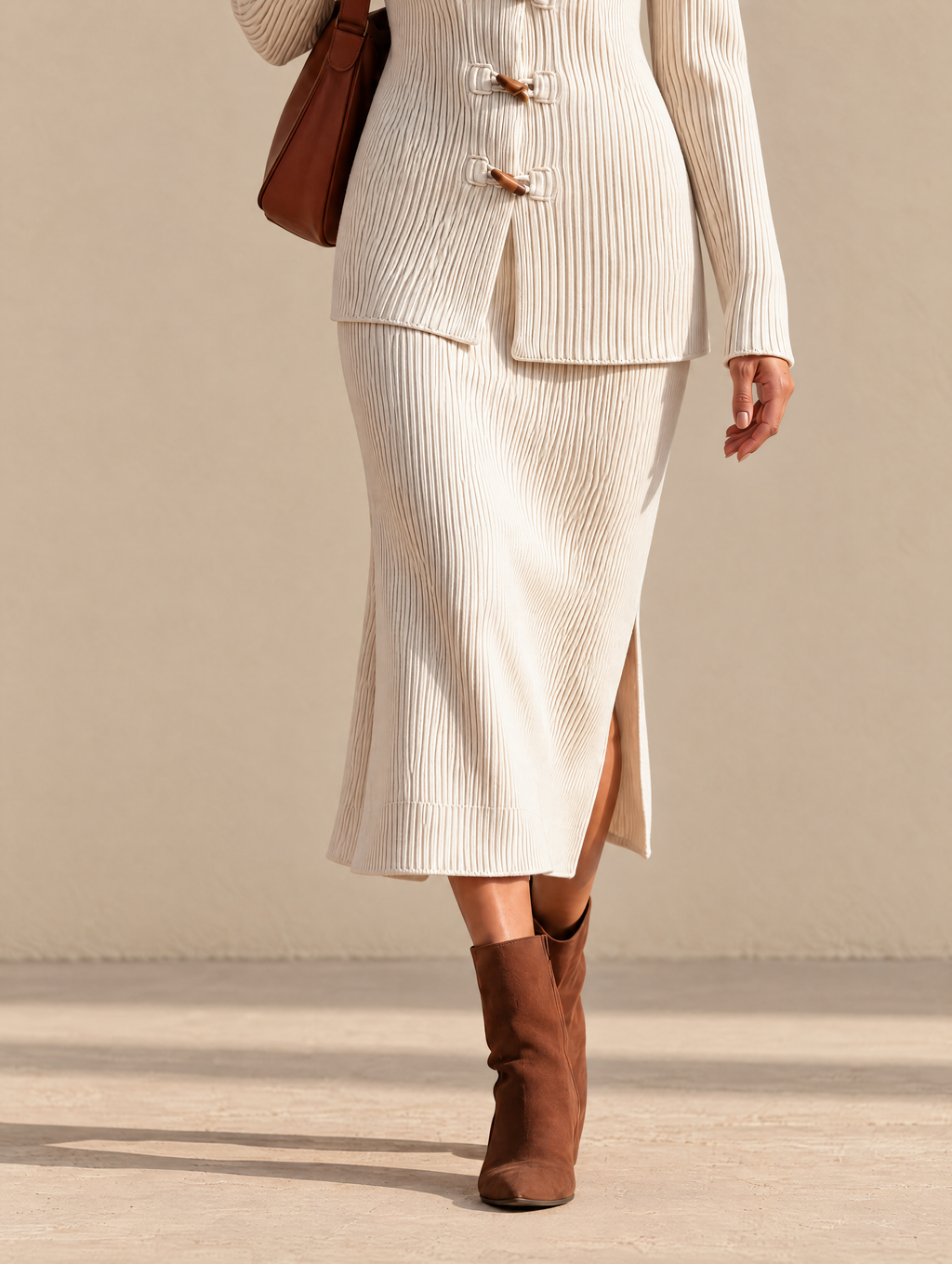Falda midi de canalé con abertura lateral