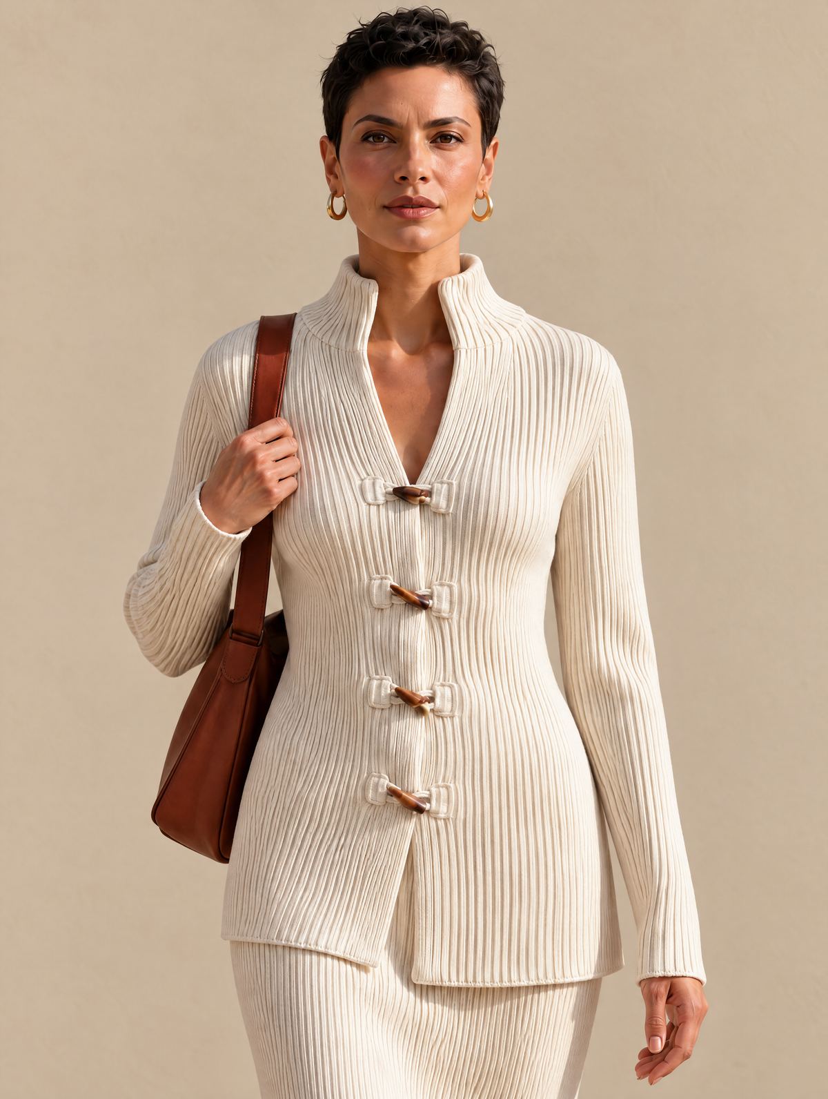 Top largo de canalé con cuello alzado y trencas
