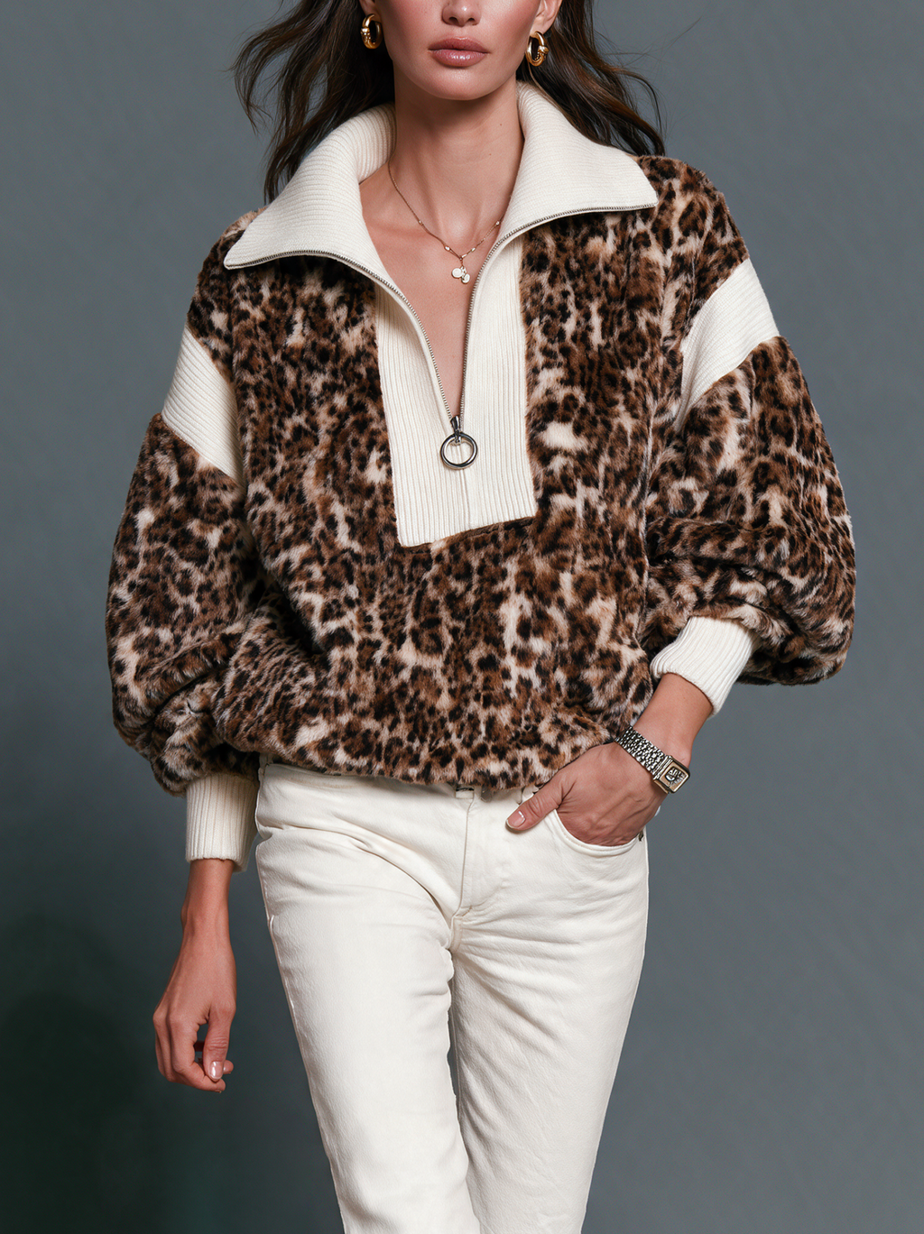 Jersey de punto con panel de pelo leopardo y media cremallera
