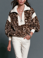 Jersey de punto con panel de pelo leopardo y media cremallera