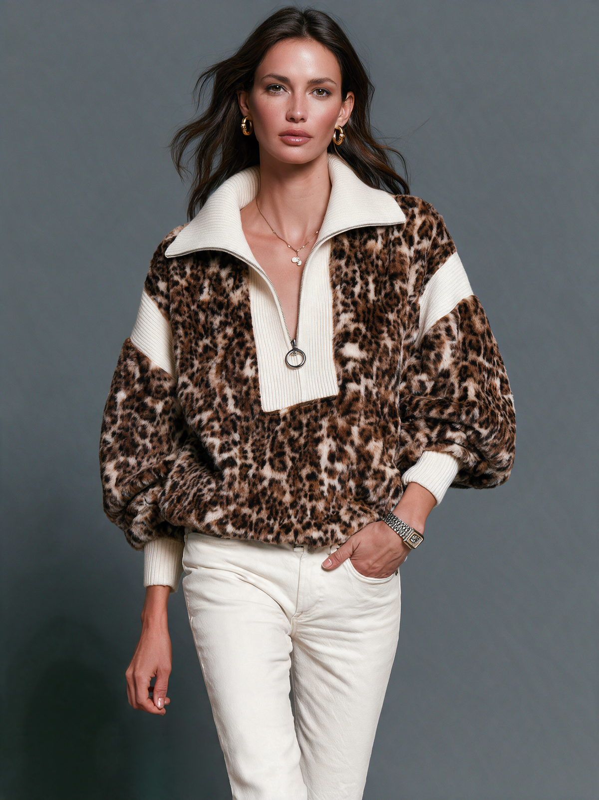 Jersey de punto con panel de pelo leopardo y media cremallera