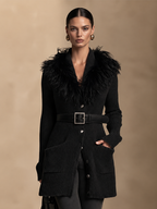 Chaqueta de punto canalé con cuello de pelo y cinturón
