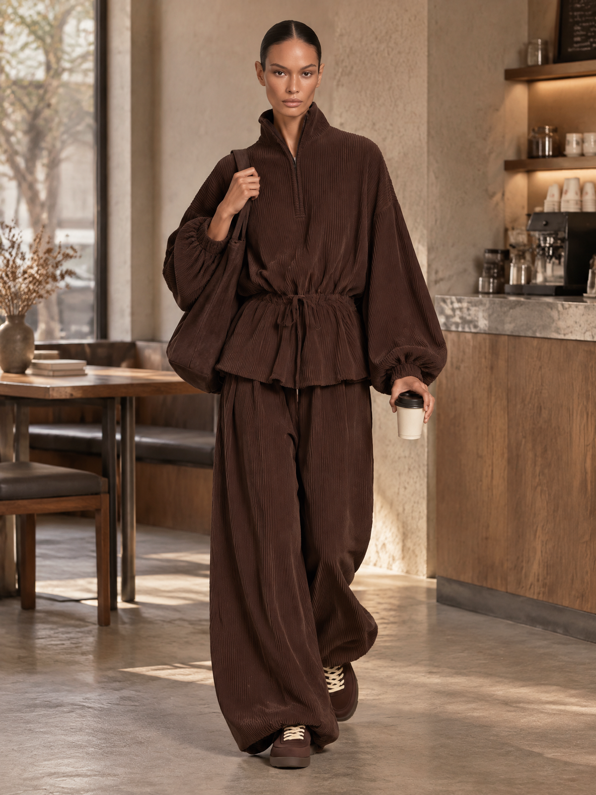 Conjunto de sudadera con media cremallera y pantalón ancho