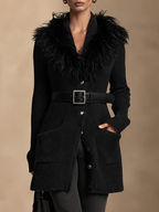 Chaqueta de punto canalé con cuello de pelo y cinturón