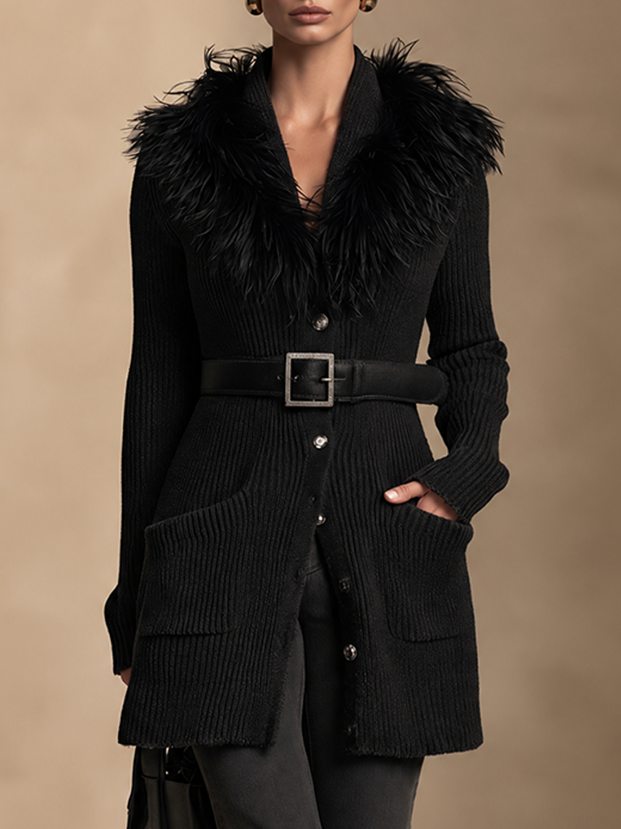 Chaqueta de punto canalé con cuello de pelo y cinturón