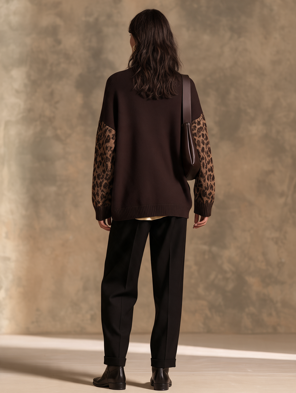 Chaqueta larga de punto café con paneles de leopardo