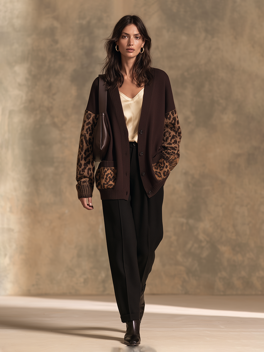 Chaqueta larga de punto café con paneles de leopardo