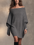 Vestido jersey corto gris marengo con hombros descubiertos y manga murciélago