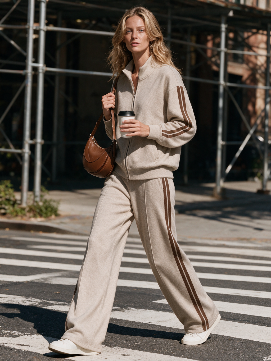 Conjunto de chaqueta de felpa con cremallera y pantalón ancho con franjas marrones