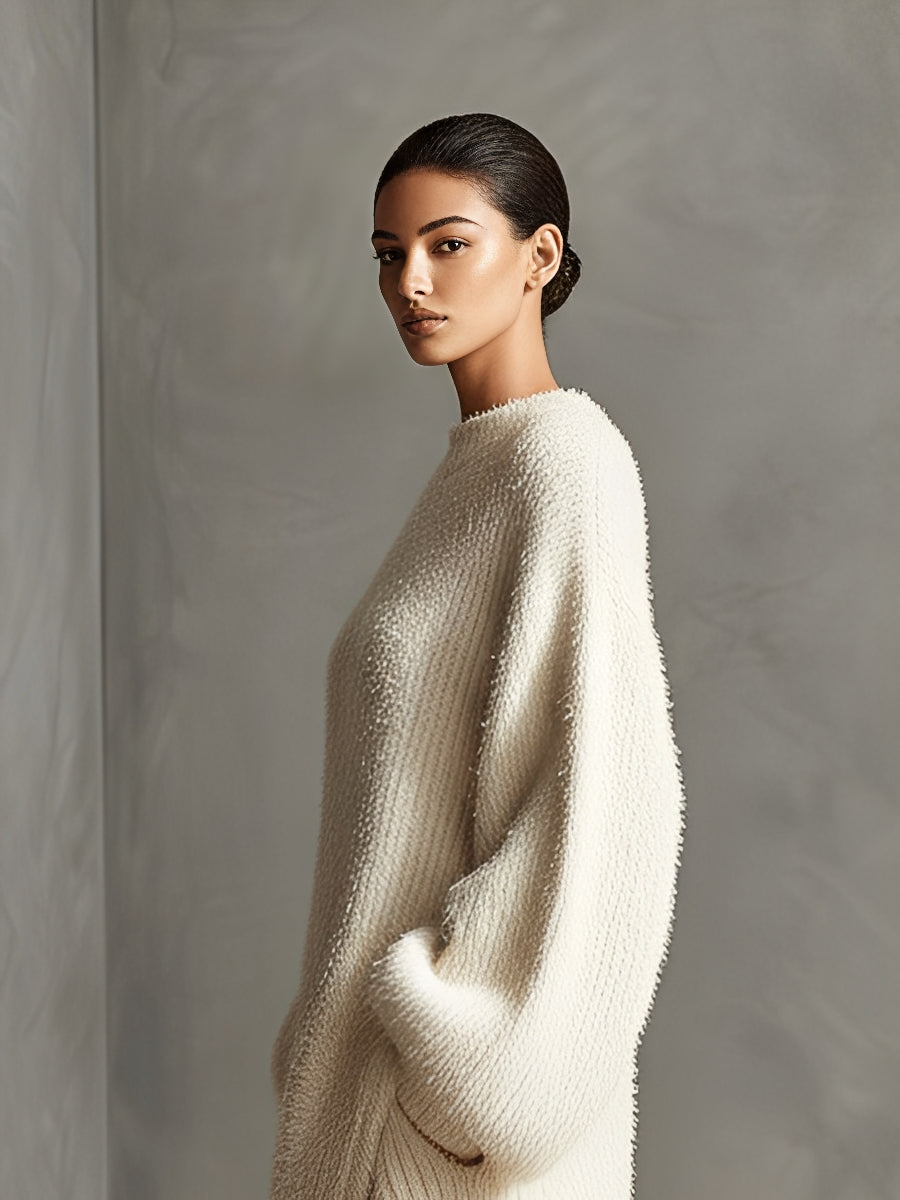 Vestido midi de punto efecto visón crema con abertura asimétrica