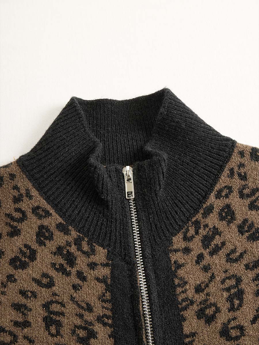 Vintage Leopard Print Slim Fit Zip-Up Cardigan