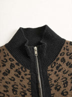 Vintage Leopard Print Slim Fit Zip-Up Cardigan
