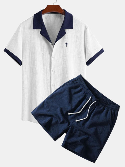 Camisa arrugada con bordado de palmeras en contraste y pantalones cortos de 12,7 cm con cordón y textura arrugada - LOVRA DESIGN