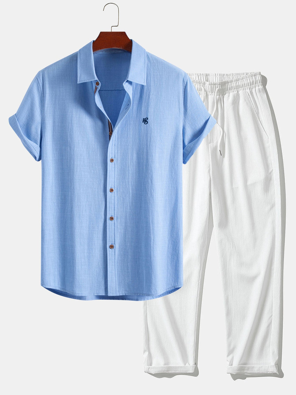 Short-sleeve button-up shirt in a linen-look fabric, and straight trousers with a crinkled texture