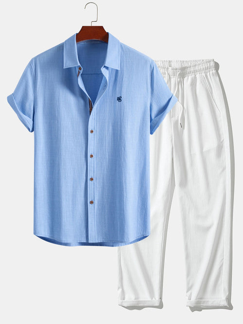 Camisa de manga corta con botones y efecto lino, y pantalones rectos con textura arrugada - LOVRA DESIGN