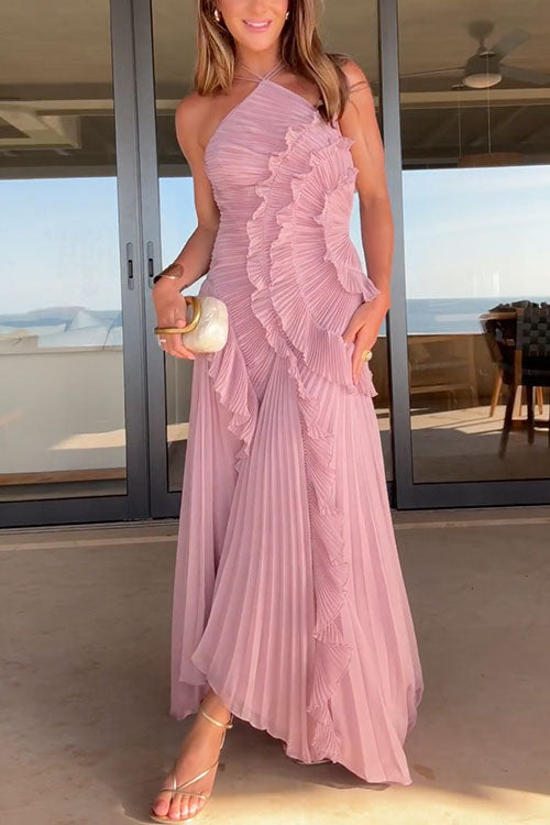 Vestido Maxi Plisado con Tirantes y Cuello Halter, Ribete de Volantes y Dobladillo Asimétrico