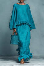 Conjunto Blusa y Falda de Lino Azul con Volantes