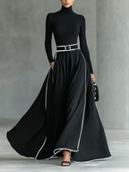 Vestido Maxi Negro con Cuello Alto Manga Larga y Cinturón