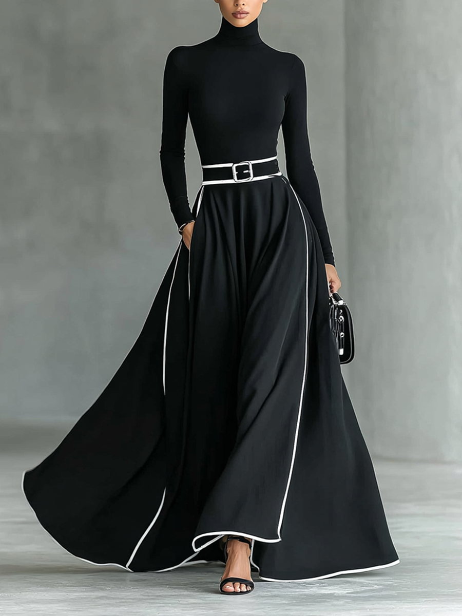 Vestido Maxi Negro con Cuello Alto Manga Larga y Cinturón