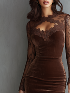 Vintage Velvet Mini Dress with Keyhole Neckline and Lace Sleeves