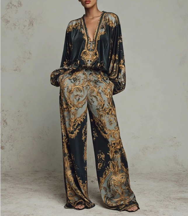 Conjunto Retro con Estampado Barroco Escote en V Profundo