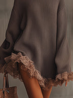 Vestido de Punto Marrón con Cuello Alto y Bajo con Volantes