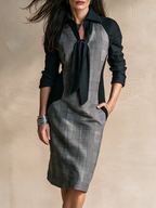 Black Plaid Tie Neck Midi Dress
