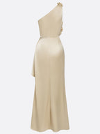 Vestido Largo de Satén Asimétrico con Flores 3D