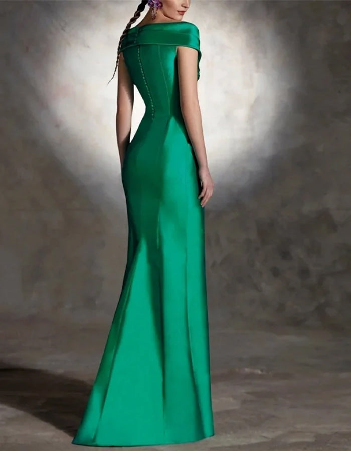 Elegant Teal Satin Gown with Off-Shoulder Neckline and Cascading Ruffle
