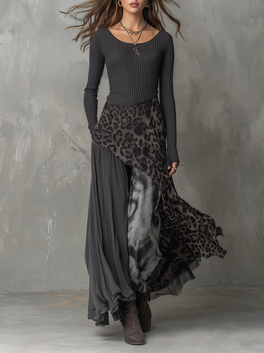 Boho Leopard Print Asymmetrical Hem Maxi Dress