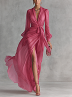Vestido Maxi de Chifón Perla con Escote en V Elegante