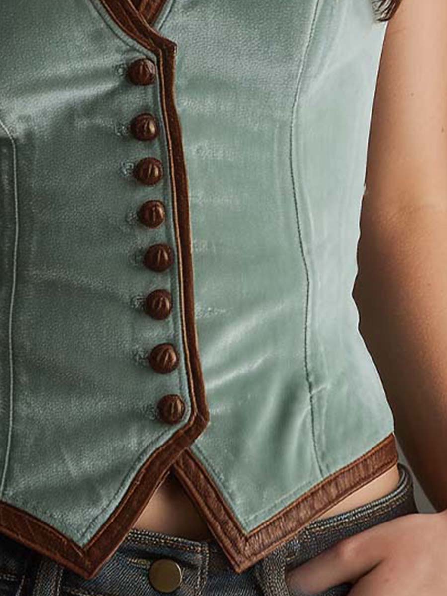 Chaleco Slim Fit de Terciopelo Verde Salvia con Ribete de Cuero