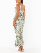 Light Green Floral Pattern Square Collar Bridesmaid Dress