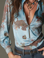 Blusa de Satén con Estampado Leopardo y Cremallera Delantera