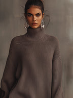 Vestido de Punto Marrón con Cuello Alto y Bajo con Volantes