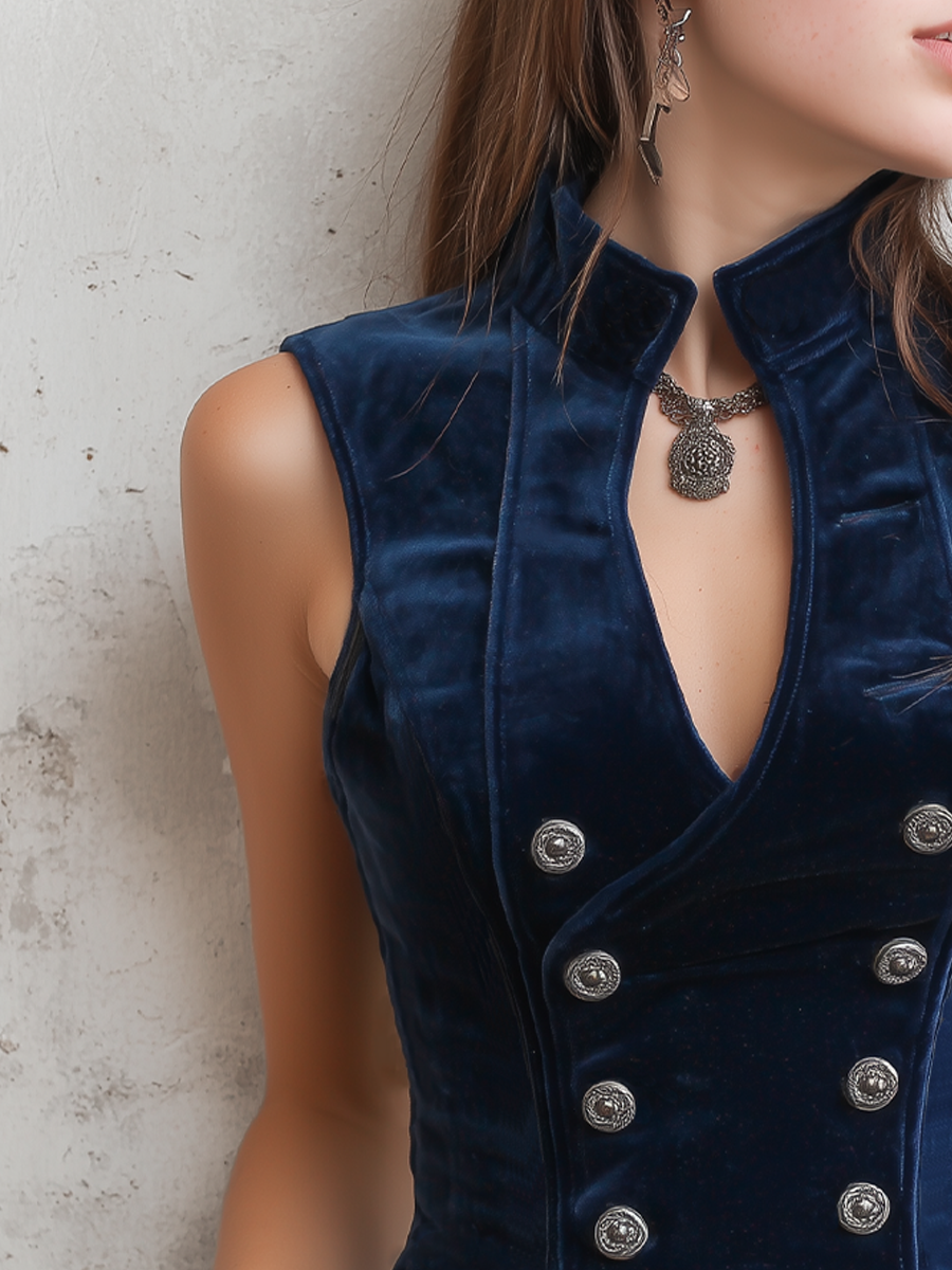 Chaleco de Terciopelo Vintage con Cuello Mao y Botones