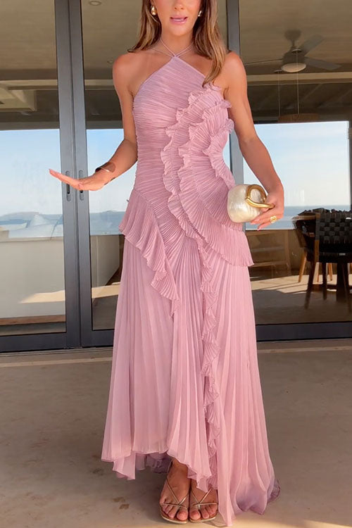 Vestido Maxi Plisado con Tirantes y Cuello Halter, Ribete de Volantes y Dobladillo Asimétrico