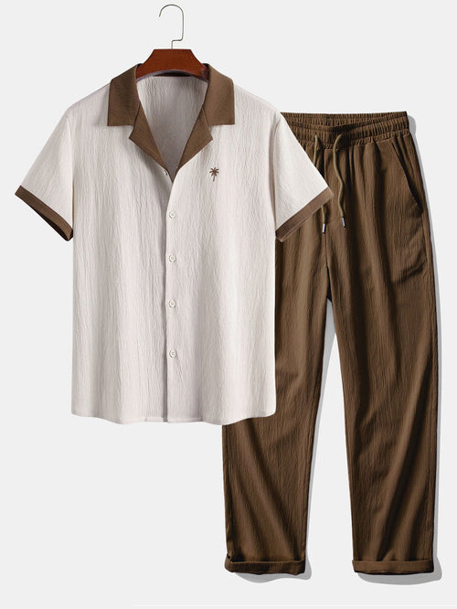 Camisa arrugada con bordado de palmeras en contraste y pantalones rectos con textura arrugada - LOVRA DESIGN