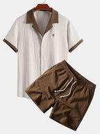 Wrinkled shirt with contrast palm embroidery and 5-inch textured drawstring shorts