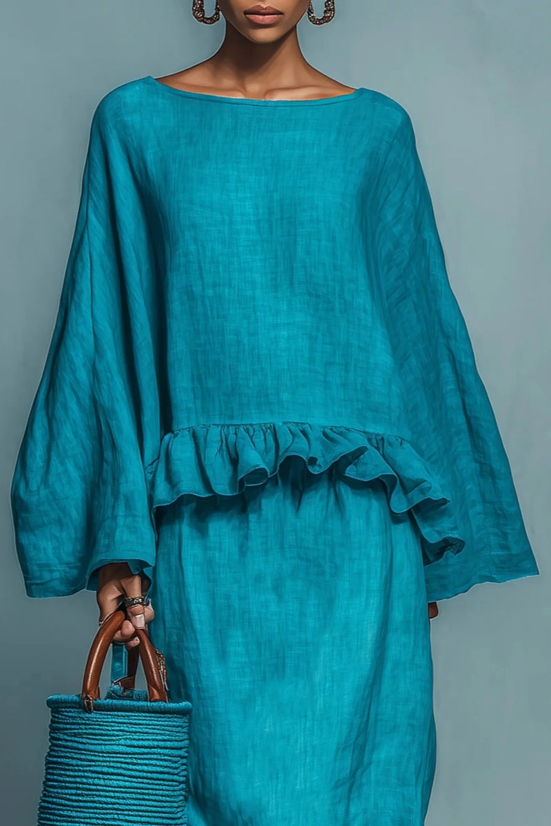 Conjunto Blusa y Falda de Lino Azul con Volantes