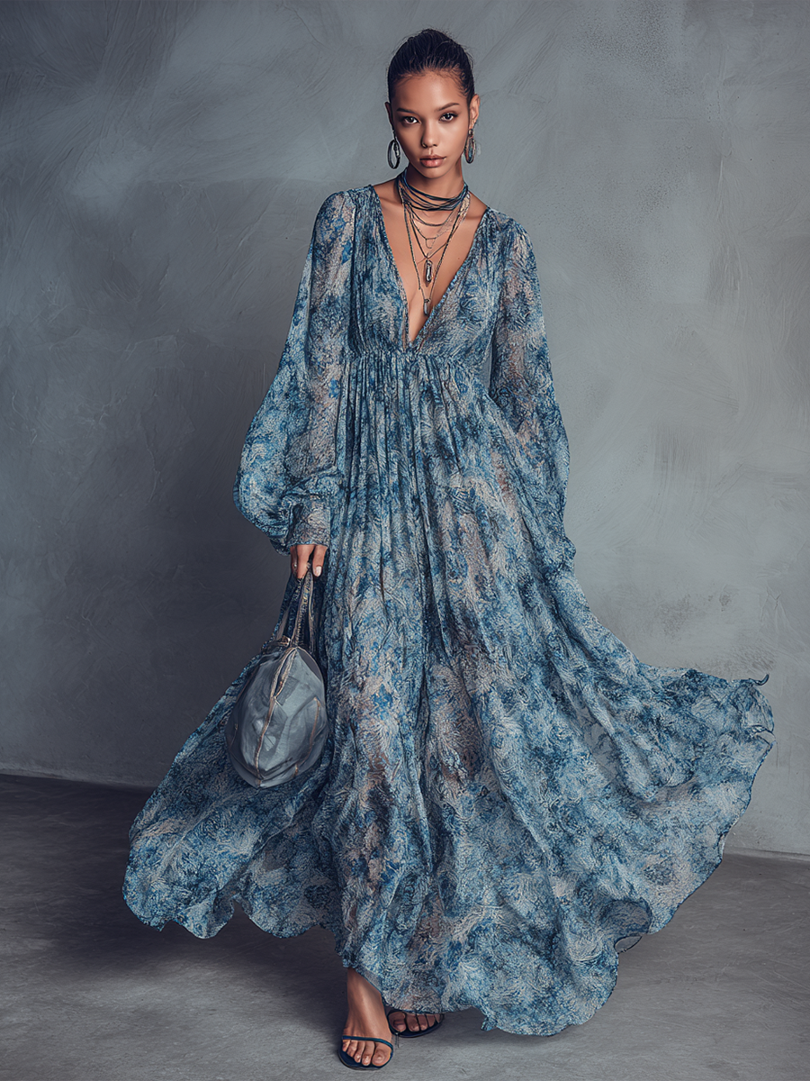 Vestido largo boho de gasa con flores azules y manga farol