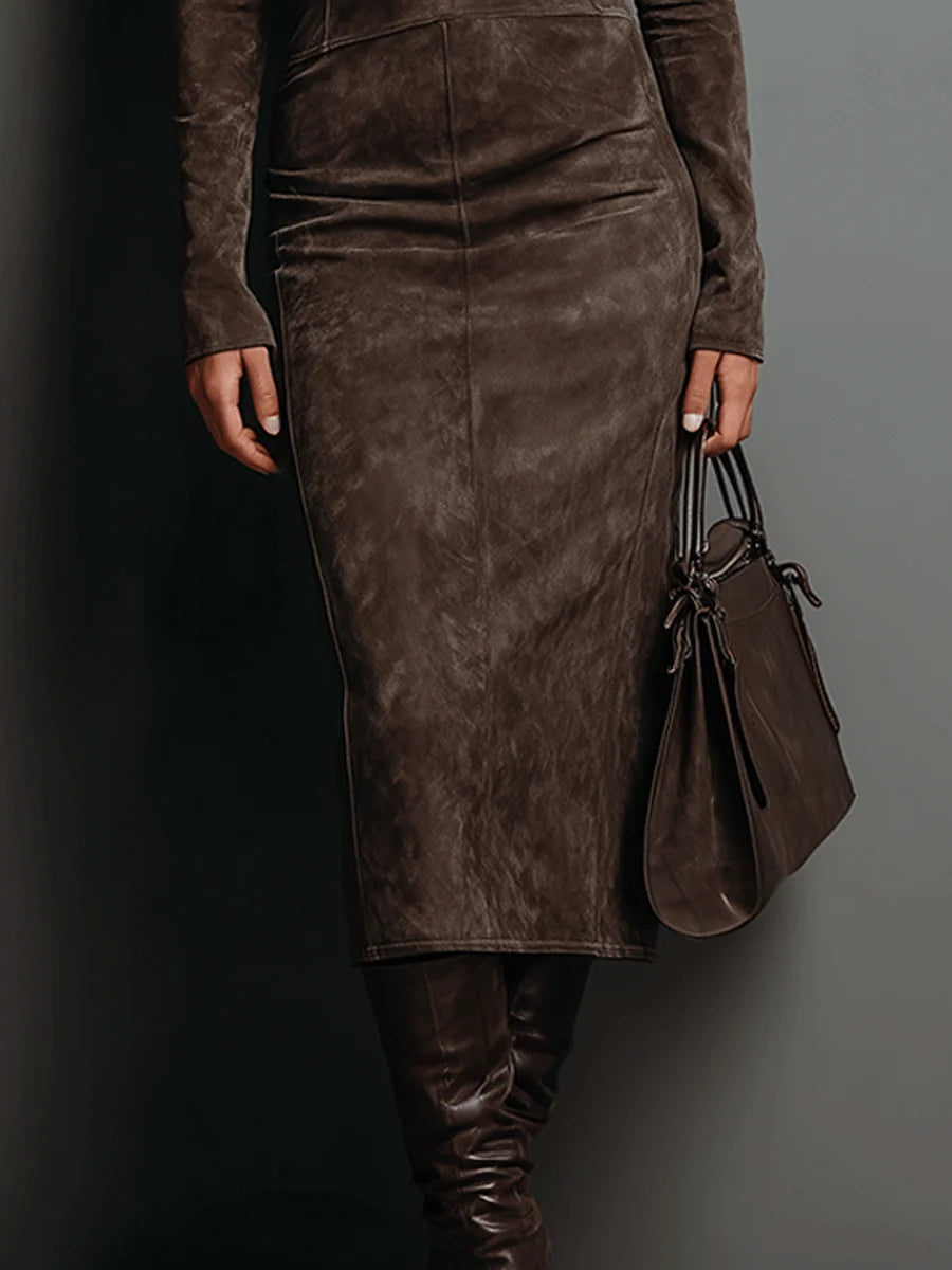 High-Neck Long-Sleeved Suede Midi Dress