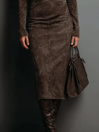 High-Neck Long-Sleeved Suede Midi Dress